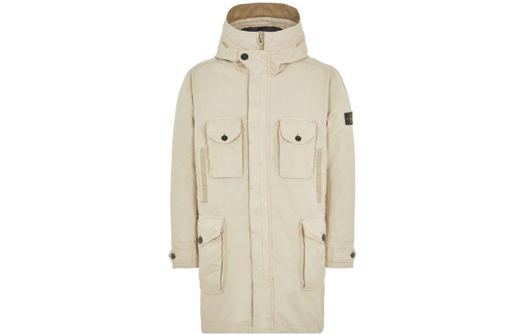 Stone Island Solid Color Hooded Long Jacket Beige Outerwear 751570549-V0091