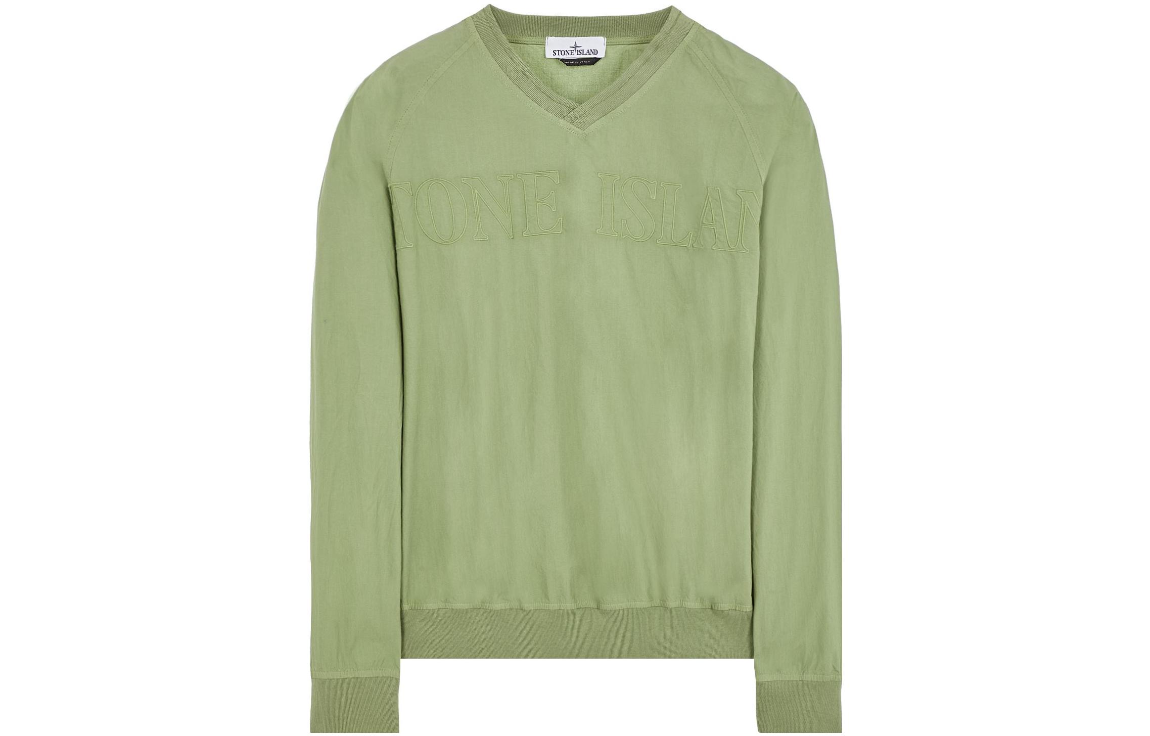 Stone Island Solid Color Letter Logo V-Neck Pullover Sweatshirt Green Mens 781511905-V0055