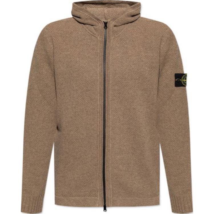Stone Island Solid Color Wool Knit Hoodie Jacket with Logo Patch Brown 8115567A3-V0075