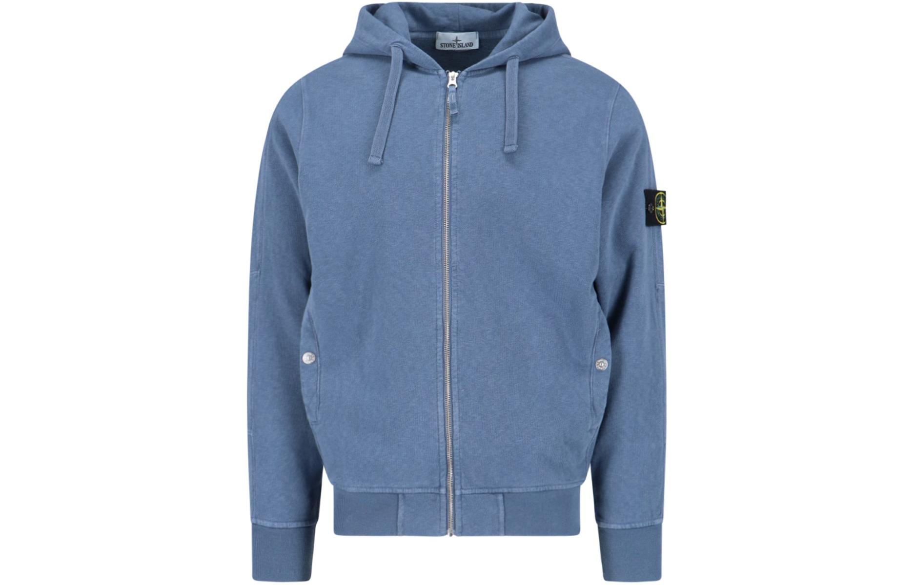 Stone Island Solid Color Zip Hoodie Blue Long Sleeve with Drawstring 801563160-V0124