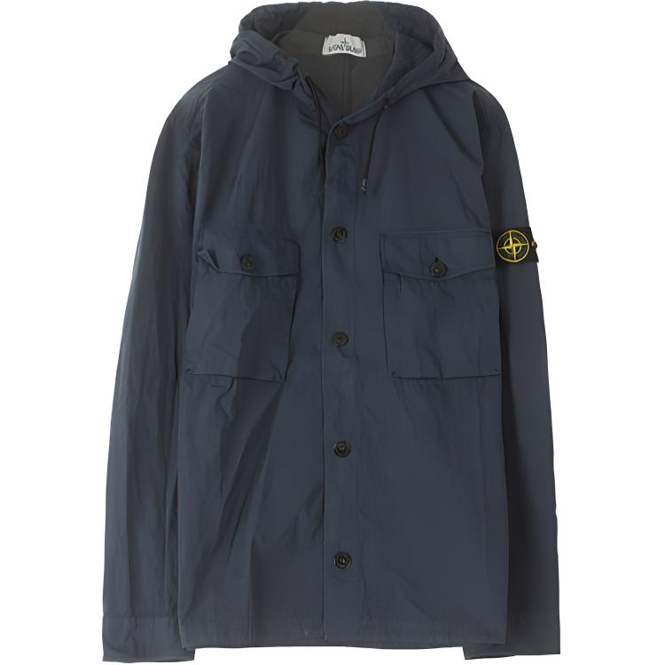 Stone Island Solid Navy Blue Hoodie Jacket with Side Logo Patch for Men 721512408-V0028