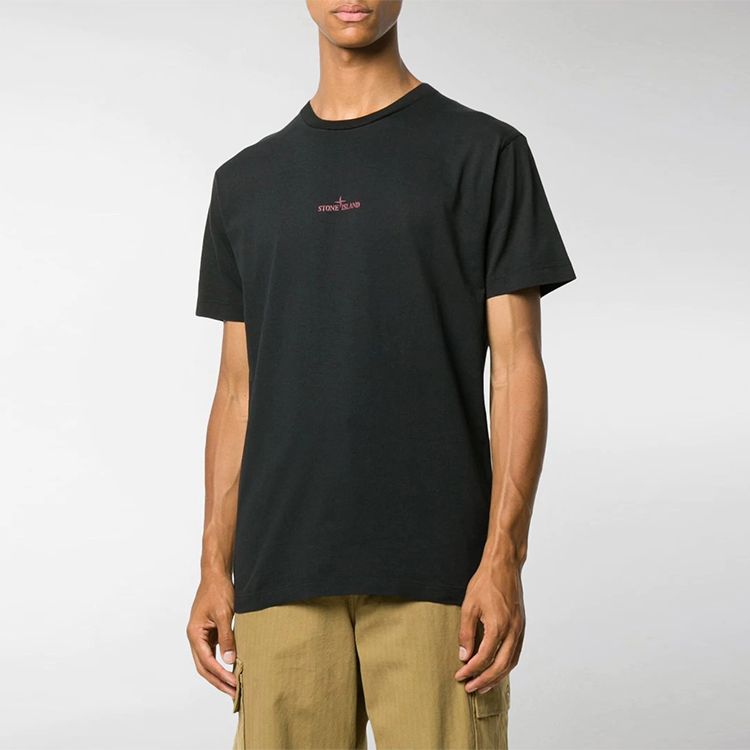 Shop STONE ISLAND SS21 Kemeja-T Leher Bulat Cetakan Belakang Lelaki Hitam Ink MO73152NS81-V0029