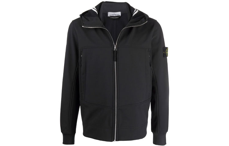 Stone Island SS21 Black Solid Logo Hooded Zip Jacket 7515Q0122-V0029