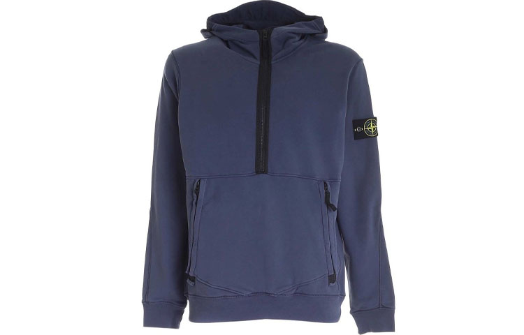 Stone Island SS21 Blue Long Sleeve Hoodie Jacket with Zipper Pockets for Men 741560451-V0024