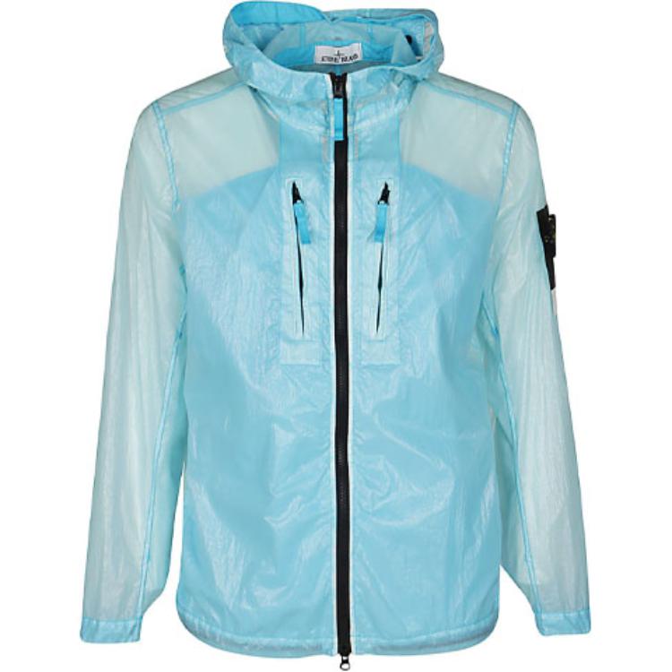 Stone Island SS21 Glossy Light Blue Logo Hooded Jacket with Front Zipper for Men 741543034-V0042