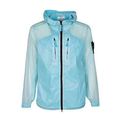 Stone Island SS21 Glossy Light Blue Logo Hooded Jacket with Front Zipper for Men 741543034-V0042