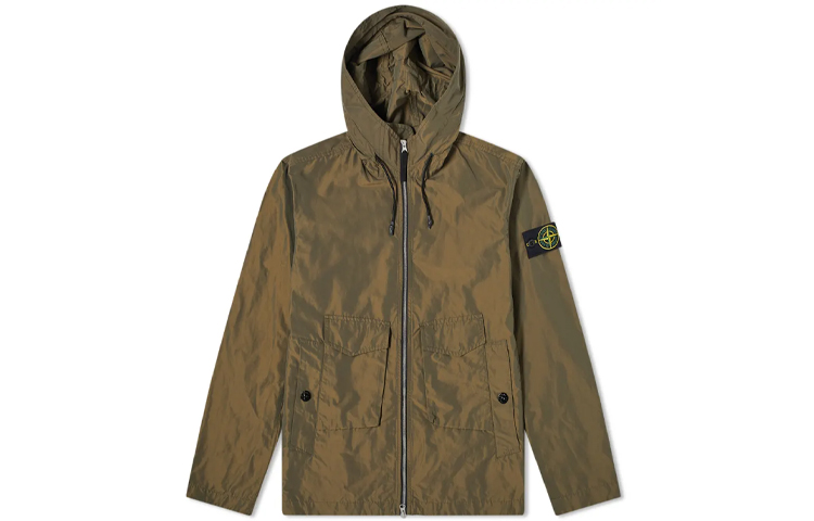 Stone Island SS21 Olive Green Loose Fit Zip-Up Hoodie with Sleeve Patch Men 741541122-V0058