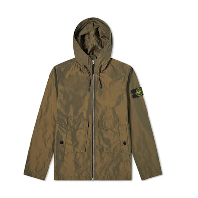 Stone Island SS21 Olive Green Loose Fit Zip-Up Hoodie with Sleeve Patch Men 741541122-V0058