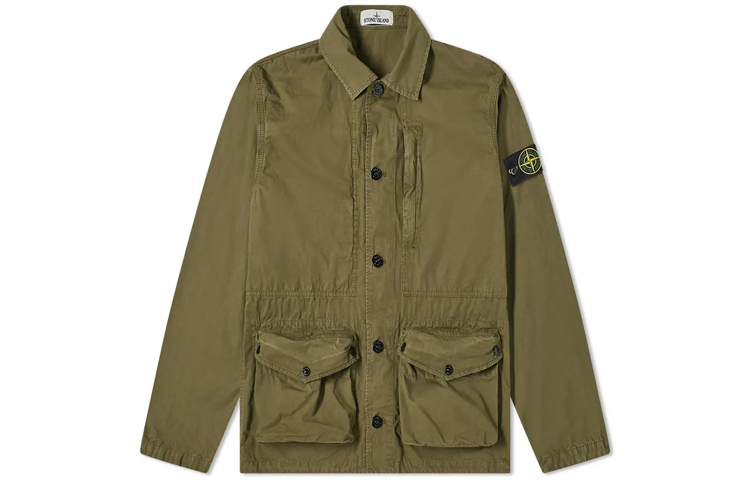 STONE ISLAND SS21 Washed Canvas Arm Badge Multi-Pocket Jacket Olive Green Mens. 7415439WN-V0158