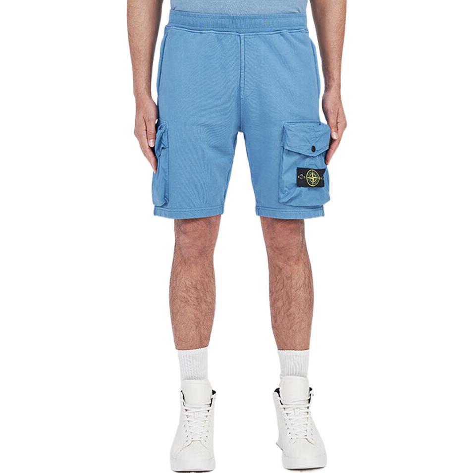 Shop STONE ISLAND SS22 Pantalones Cortos Azul con Bolsillo y Logo Color Sólido 761565051-V0046