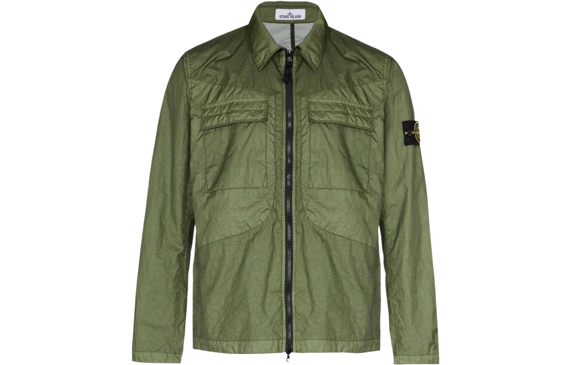 Stone Island SS22 Badge Crinkle Zip Jacket Military Green 761510323-V0058