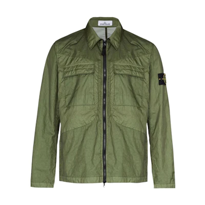 Stone Island SS22 Badge Crinkle Zip Jacket Military Green 761510323-V0058