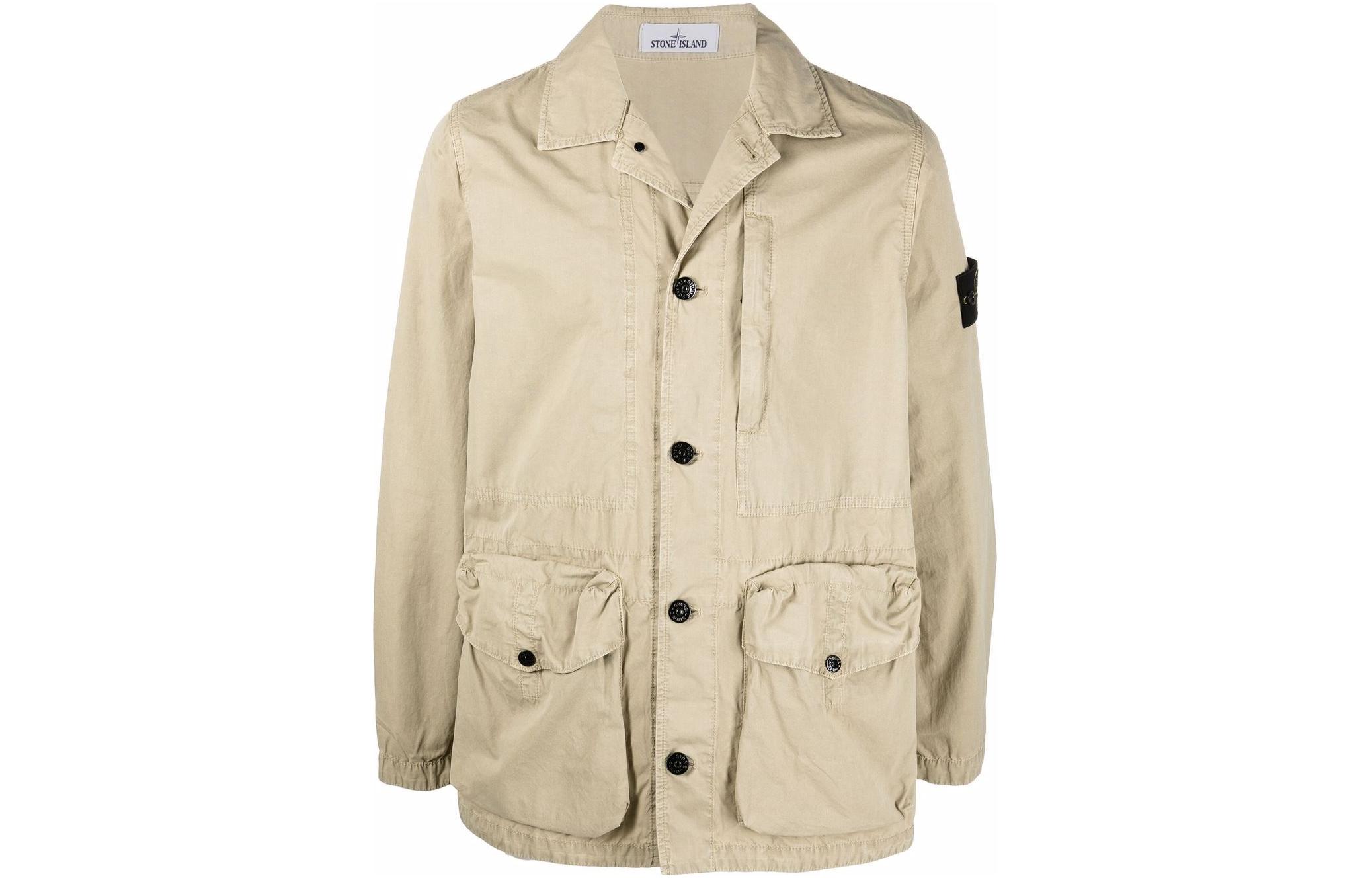 Stone Island SS22 Badge Patch Button-Up Jacket Khaki Men’s Long Sleeve Outerwear 7615439WN-V0190