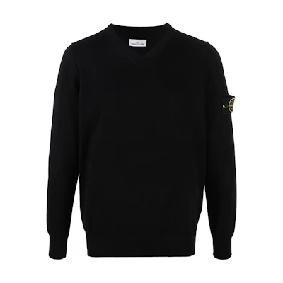 Stone Island SS22 Black Compass Badge V-Neck Pullover Sweatshirt Mens 7615541B2-V0029