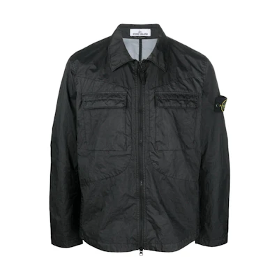STONE ISLAND SS22 Black Crinkled Zipped Solid Jacket for Men. 761510323-V0029