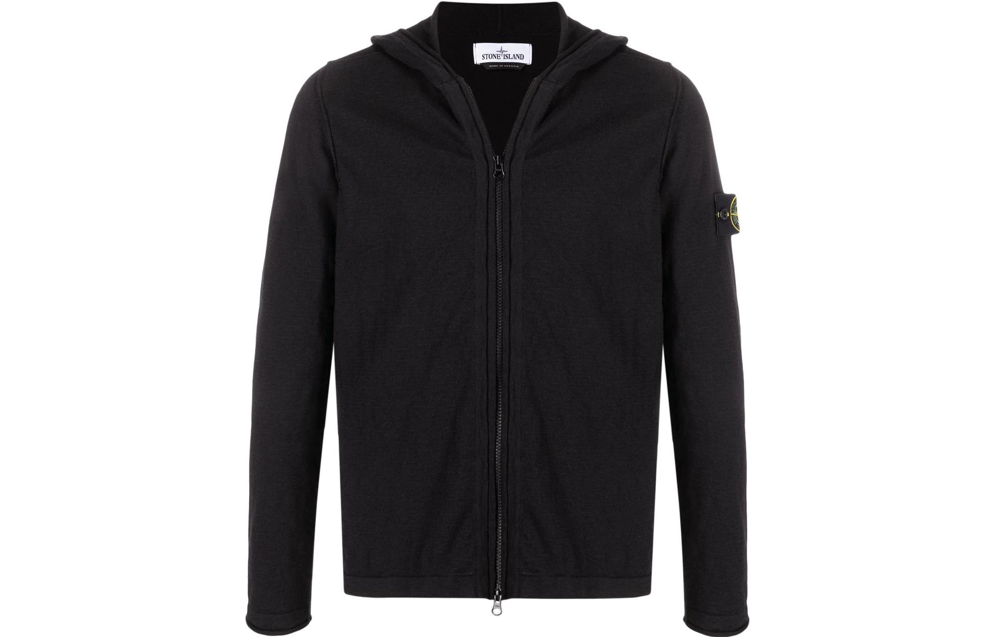 Stone Island SS22 Black Hoodie Jacket with Sleeve Logo Patch for Men 7615544B0-V0029