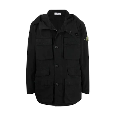 STONE ISLAND SS22 Black Logo Hoodie Jacket with Pocket Detail for Men. 761542306-V0029