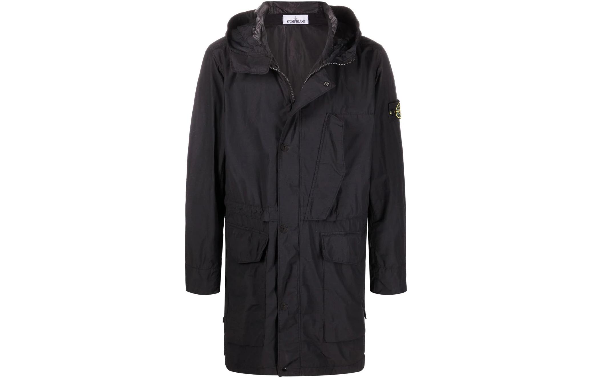 Stone Island SS22 Black Solid Color Hooded Jacket Long-Length Outerwear 761570132-V0029