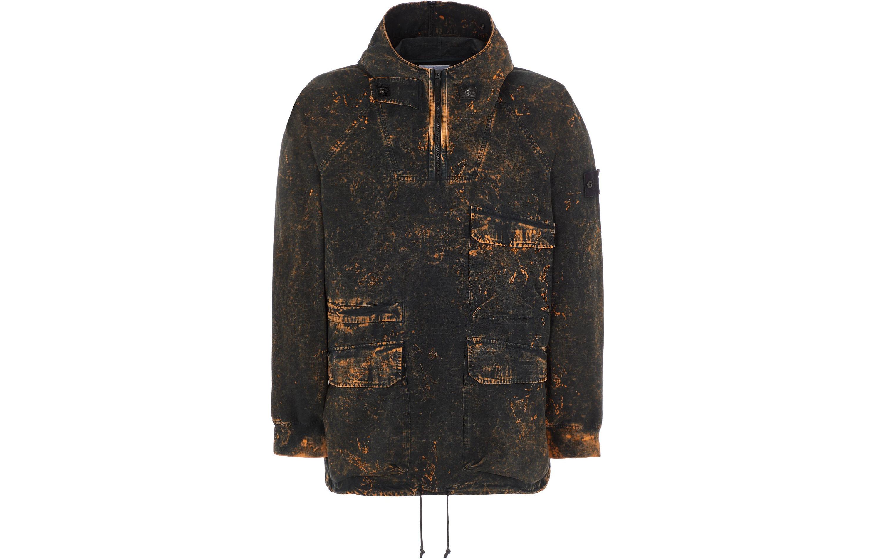 Stone Island SS22 Black Solid Paint-Splattered Zip Pocket Hooded Jacket 761544122-V0029