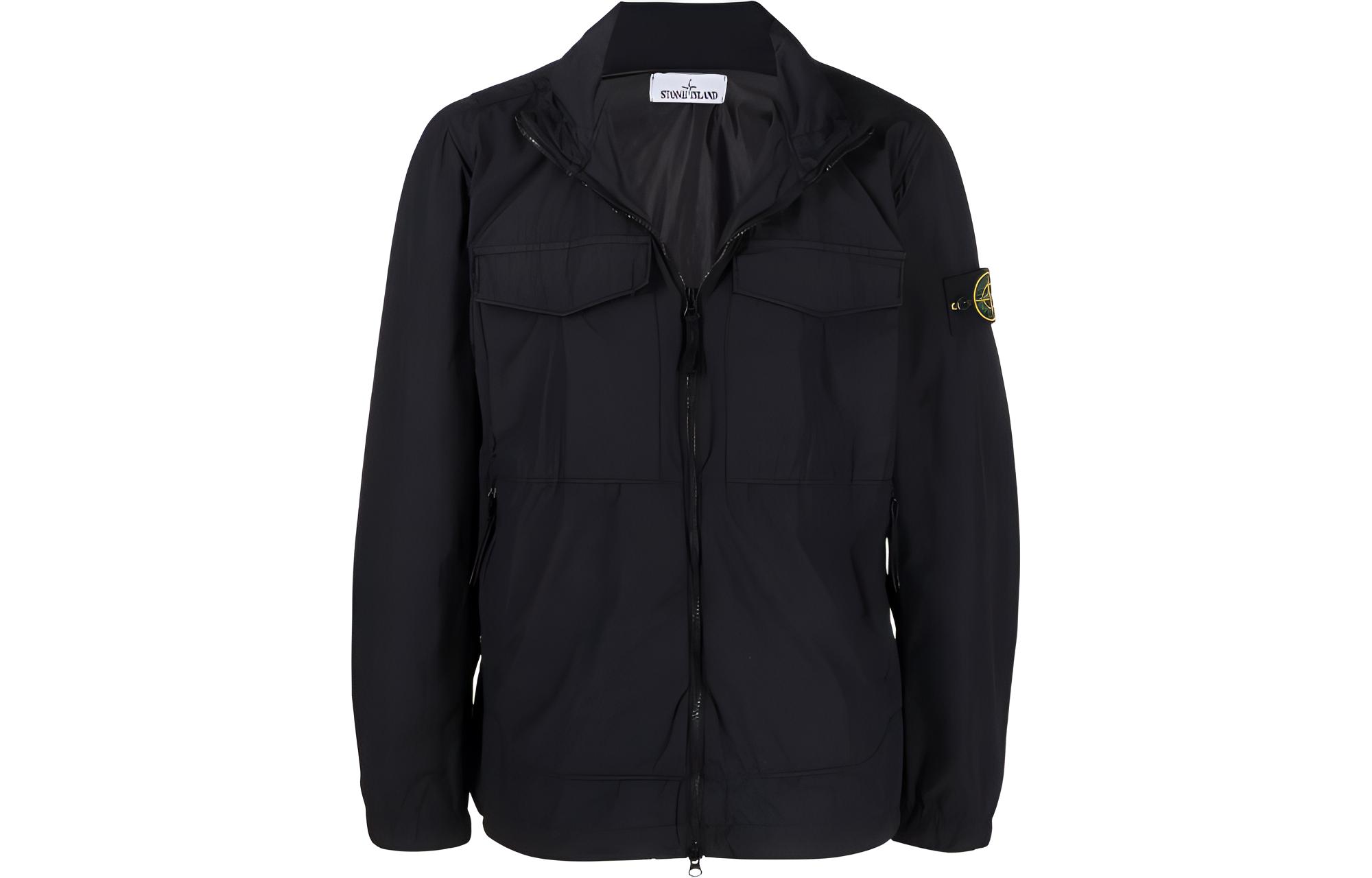 STONE ISLAND SS22 Black Zip-Up Jacket with Patch Pocket -  Fall Outerwear 761540532-V0029