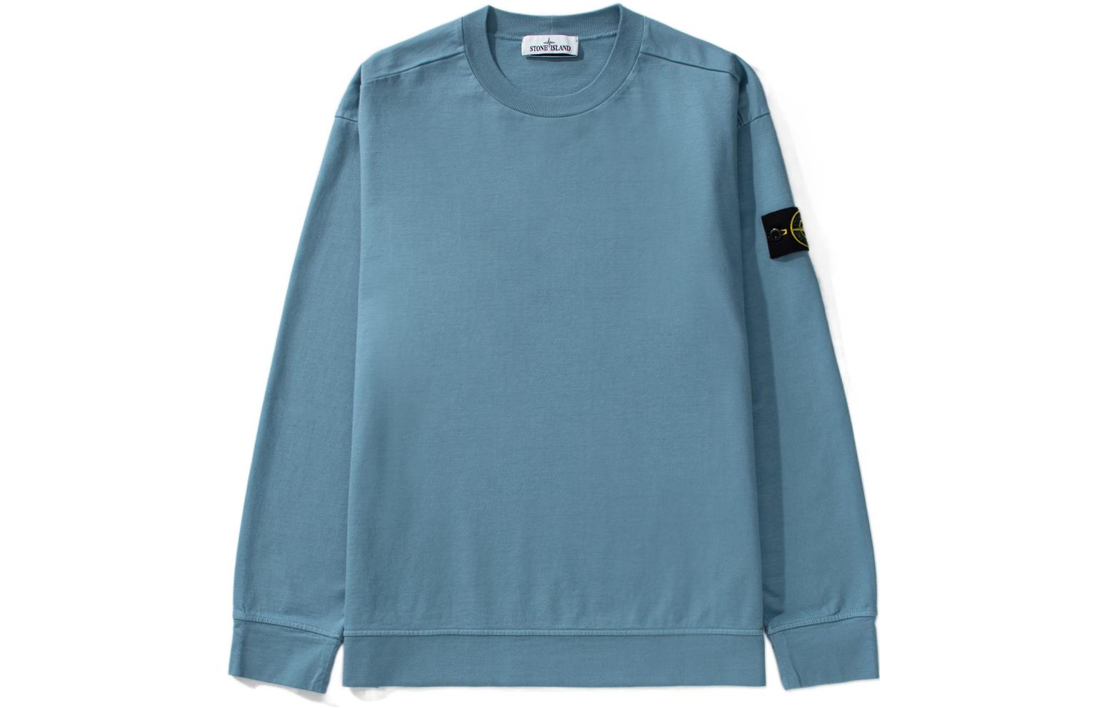 Stone Island SS22 Blue Crewneck Long Sleeve Sweatshirt with Sleeve Logo for Men 761563750-V0046