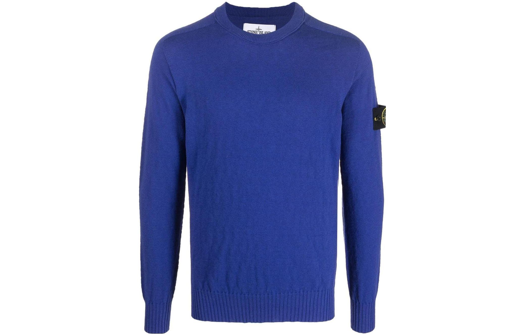 Stone Island SS22 Blue Crewneck Sweatshirt with Logo Patch for Men 7615524B0-V0022