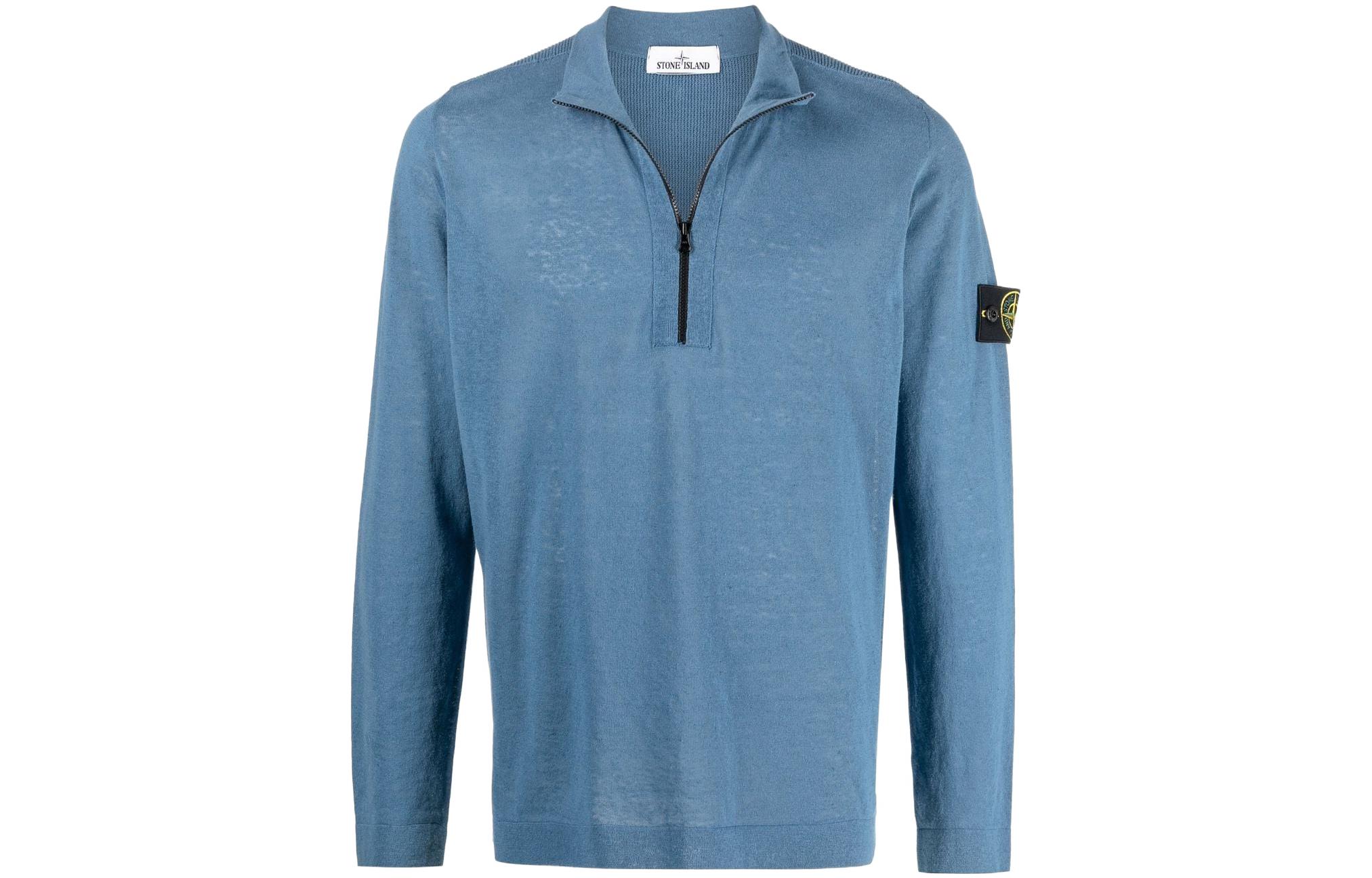 Stone Island SS22 Blue Half-Zip Pullover Sweatshirt with Logo Patch for Men 7615536B3-V0046