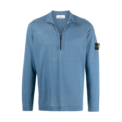 Stone Island SS22 Blue Half-Zip Pullover Sweatshirt with Logo Patch for Men 7615536B3-V0046