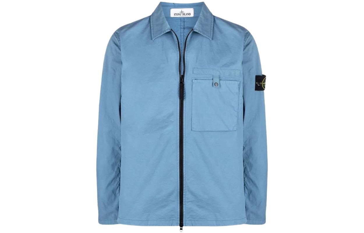 Stone Island SS22 Blue Long Sleeve Polo Jacket with Logo Patch for Men 761512619-V0046