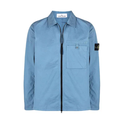 Stone Island SS22 Blue Long Sleeve Polo Jacket with Logo Patch for Men 761512619-V0046