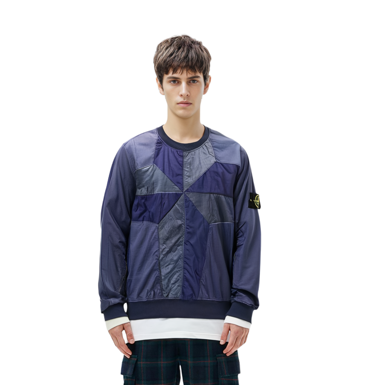 Cheap ストーンアイランド SS22 ブルー ルーズフィット パッチワーク ニット カーディガン セーター 761560254-V0027