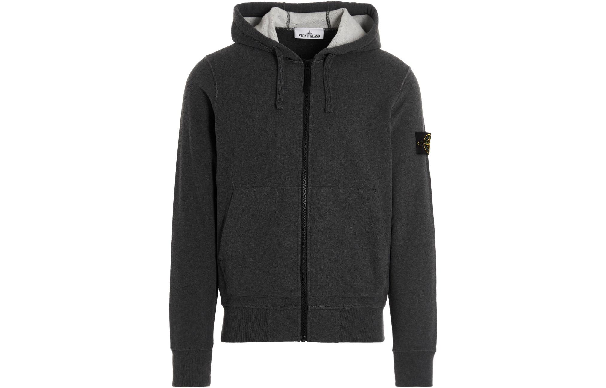 Stone Island SS22 Grey Logo Patch Zip-Up Hoodie Long Sleeve Sweater 771564220-V0M67
