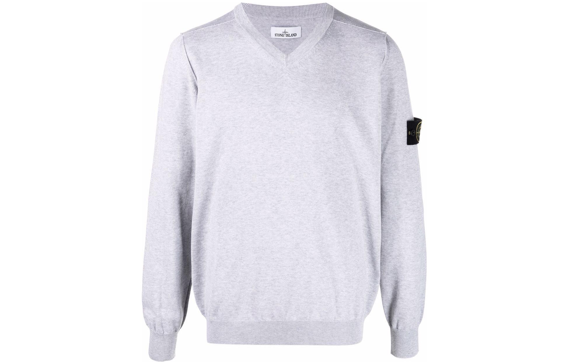 Stone Island SS22 Grey V-Neck Compass Badge Pullover Long-Sleeve Sweatshirt 7615541B2-V0M67