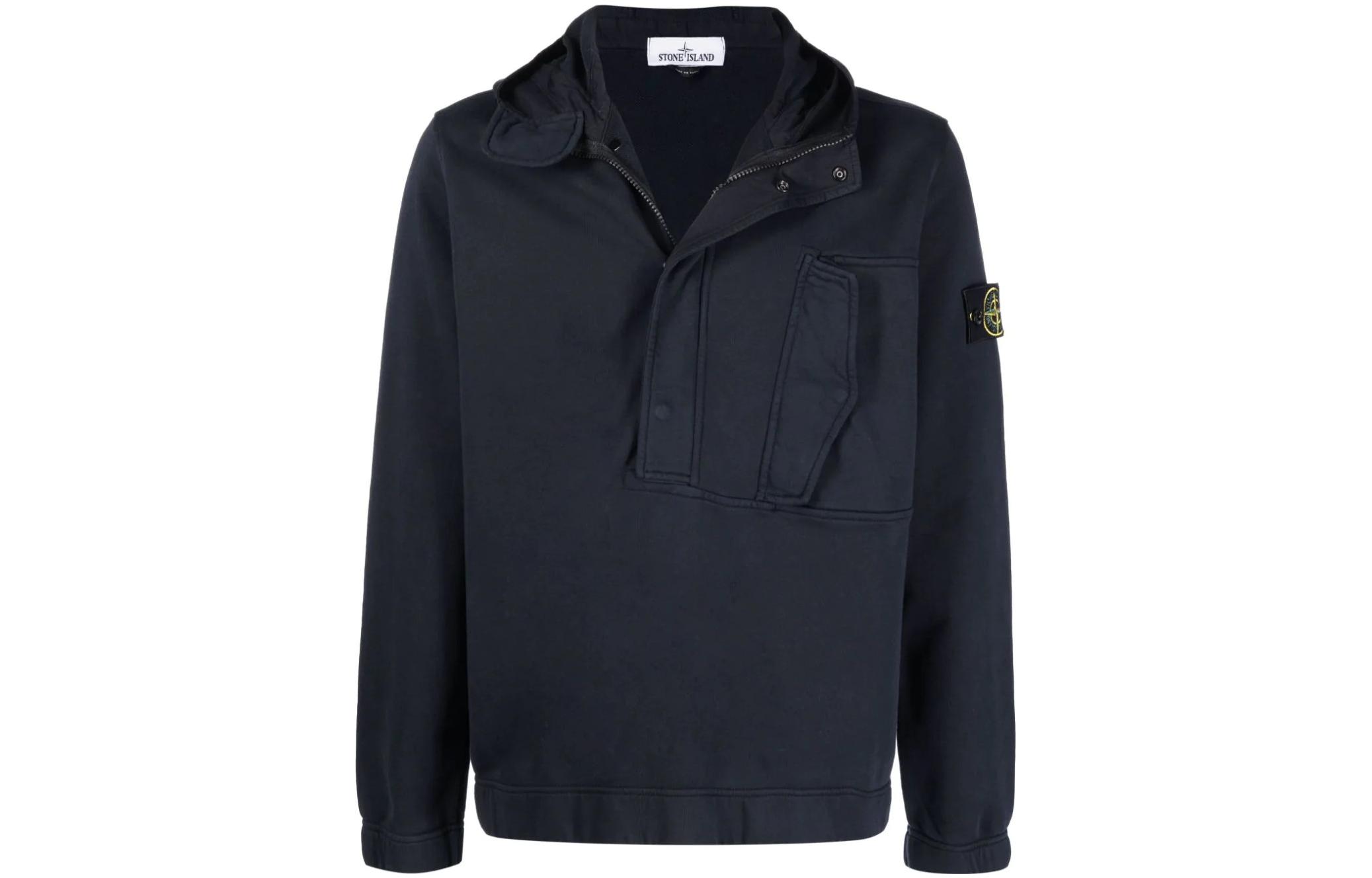 Stone Island SS22 Half-Zip Hoodie Navy Blue Pullover with Logo Patch for Men 761562051-V0020
