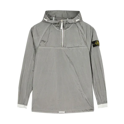 STONE ISLAND SS22 Metallic Nylon Logo Half-Zip Hooded Jacket Silver (). 761541720-V0003