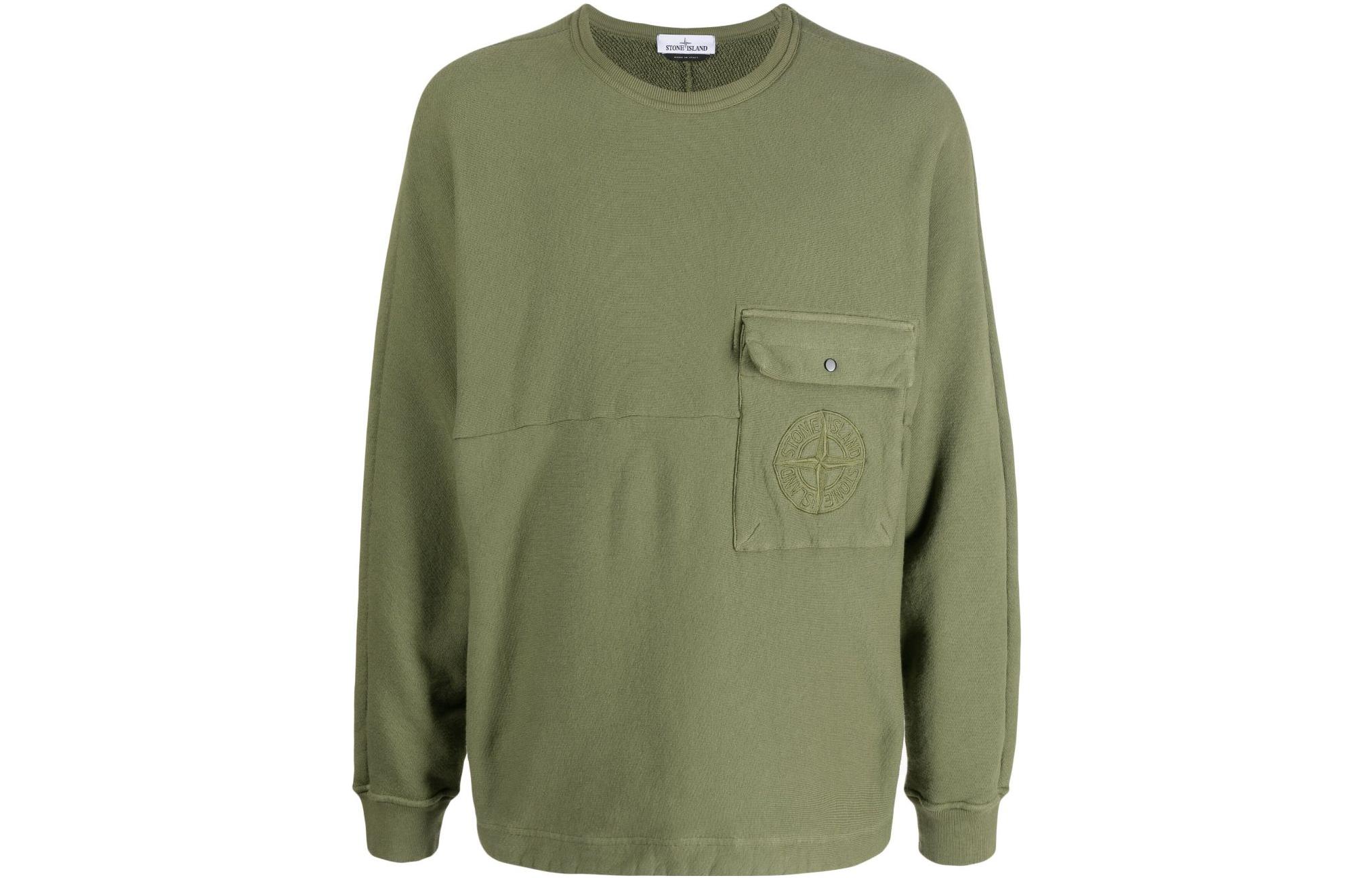 Stone Island SS22 Military Green Logo Crewneck Pocket Sweatshirt Mens 761561853-V0058