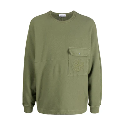 Stone Island SS22 Military Green Logo Crewneck Pocket Sweatshirt Mens 761561853-V0058