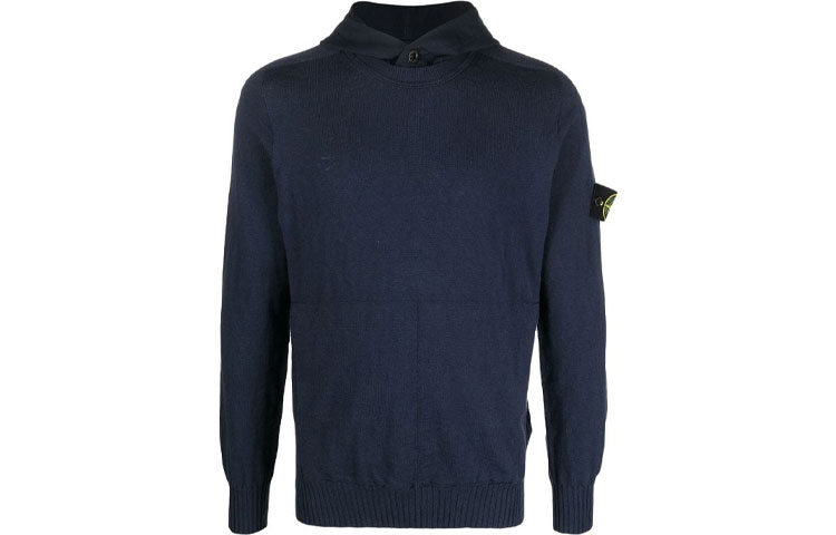 Stone Island SS22 Navy Blue Compass Logo Hooded Knit Sweatshirt 7615511B0-V0020
