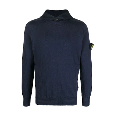 Stone Island SS22 Navy Blue Compass Logo Hooded Knit Sweatshirt 7615511B0-V0020