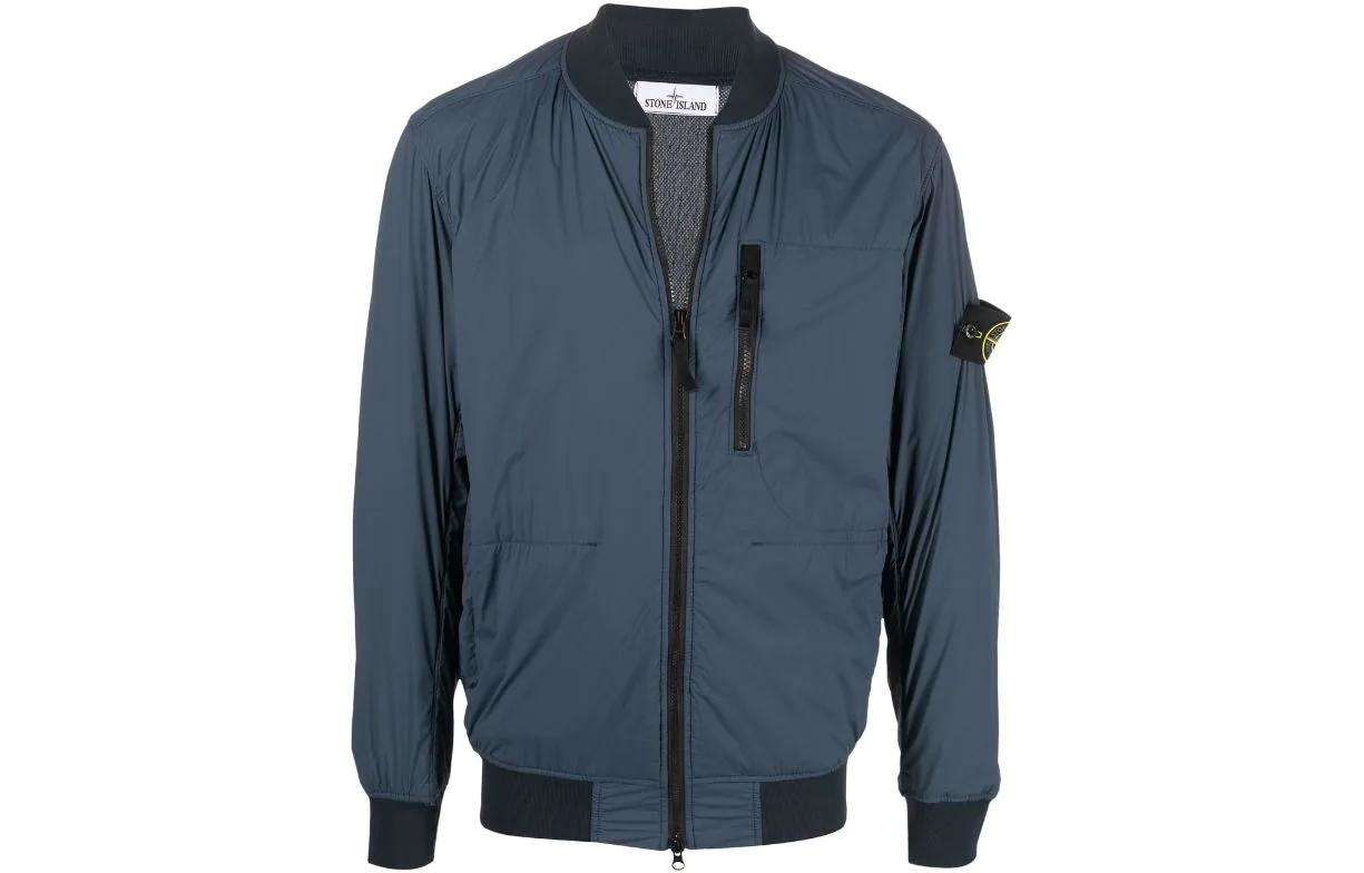 Stone Island SS22 Navy Blue Plain Logo Patch Baseball Collar Jacket 761541331-V0024