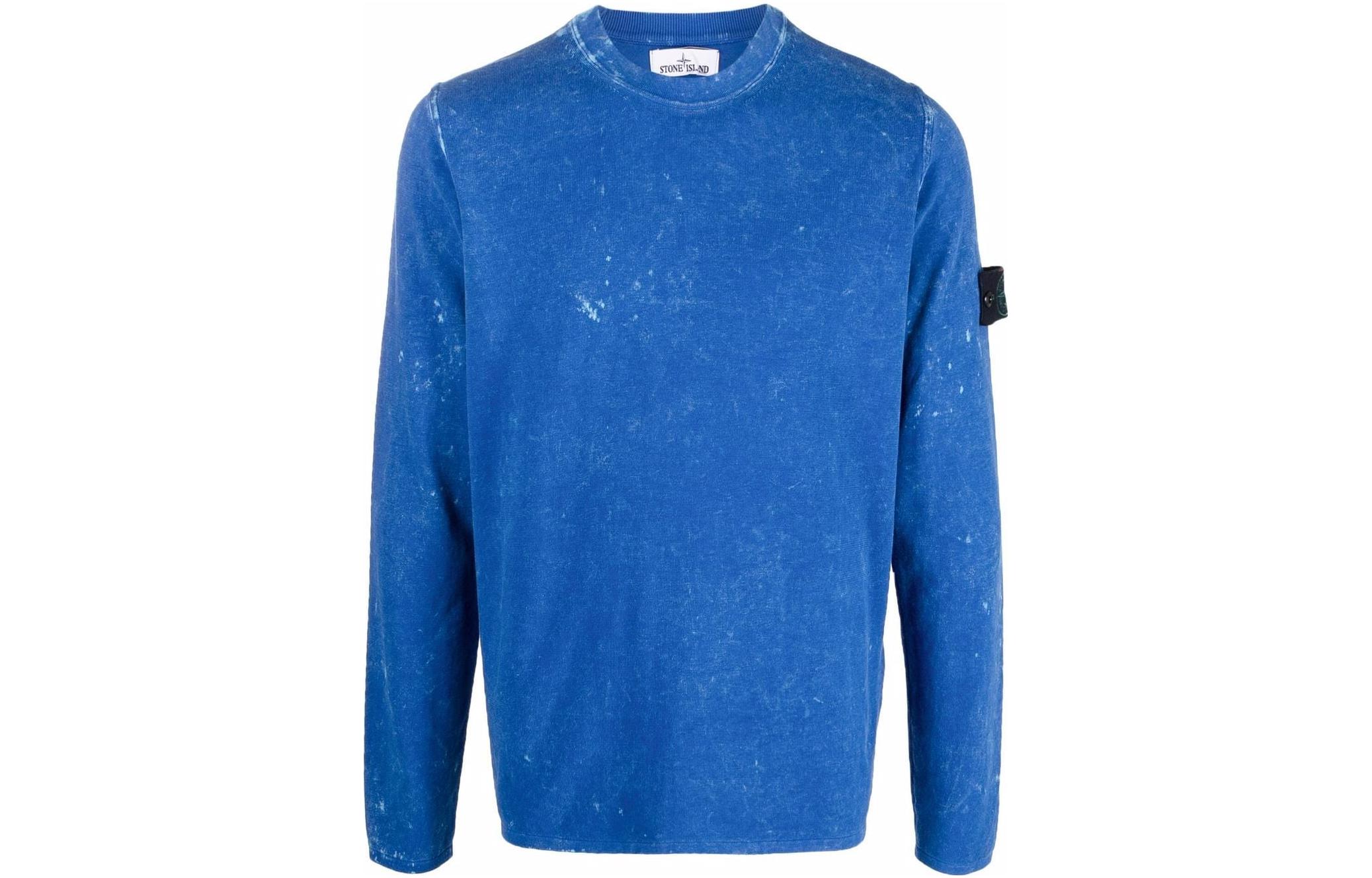 Stone Island SS22 Tie-Dye Logo Crewneck Knit Sweatshirt Blue Mens 7615555D9-V0022