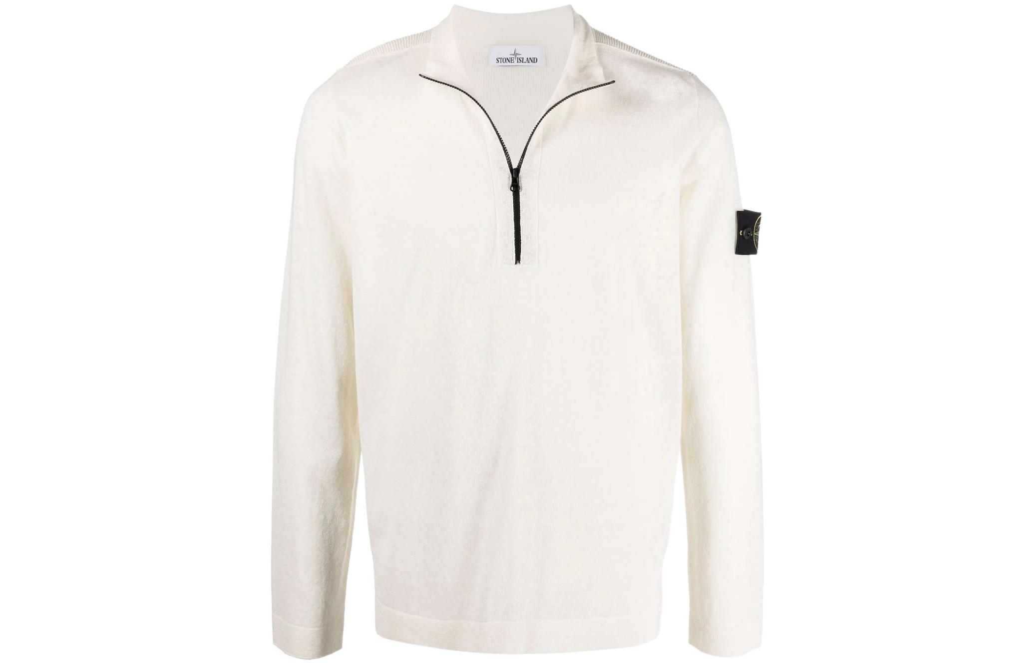 Stone Island SS22 White Half-Zip Logo Sweatshirt Jacket Men 7615536B3-V0099