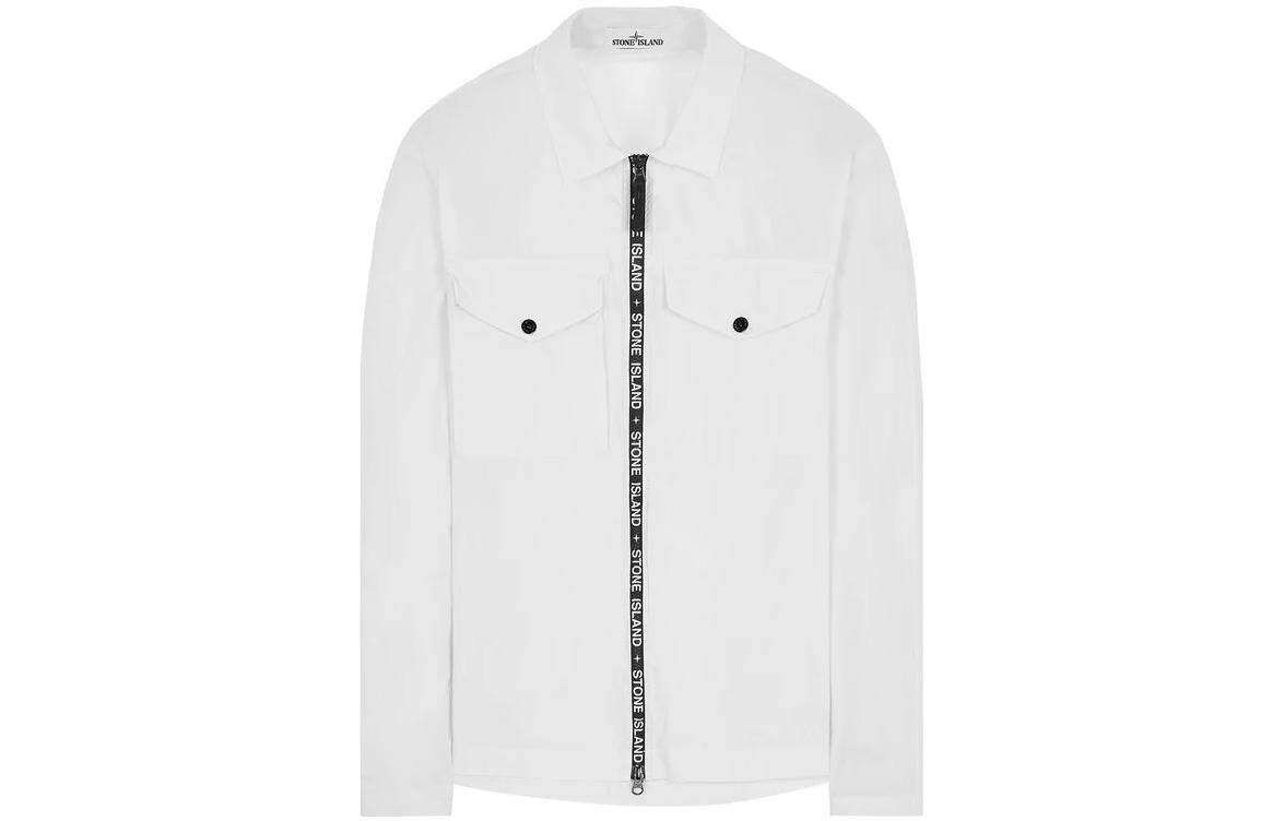 STONE ISLAND SS22 White Long Sleeve Logo Printed Zip Shirt for Men 7615117e4-v0001