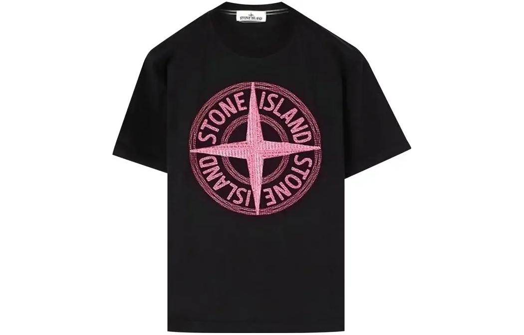 STONE ISLAND SS23  Black Knit Short Sleeve T-Shirt with Logo Print. 781521580-V0029