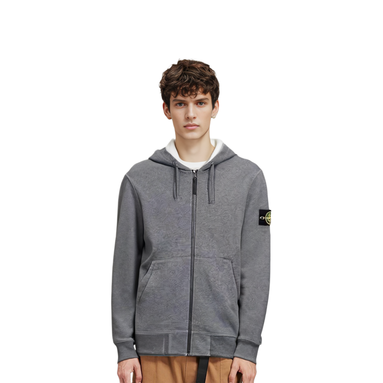 Shop Chaqueta con capucha y cremallera Stone Island SS23 gris humo con logo. 101564251-V0M67