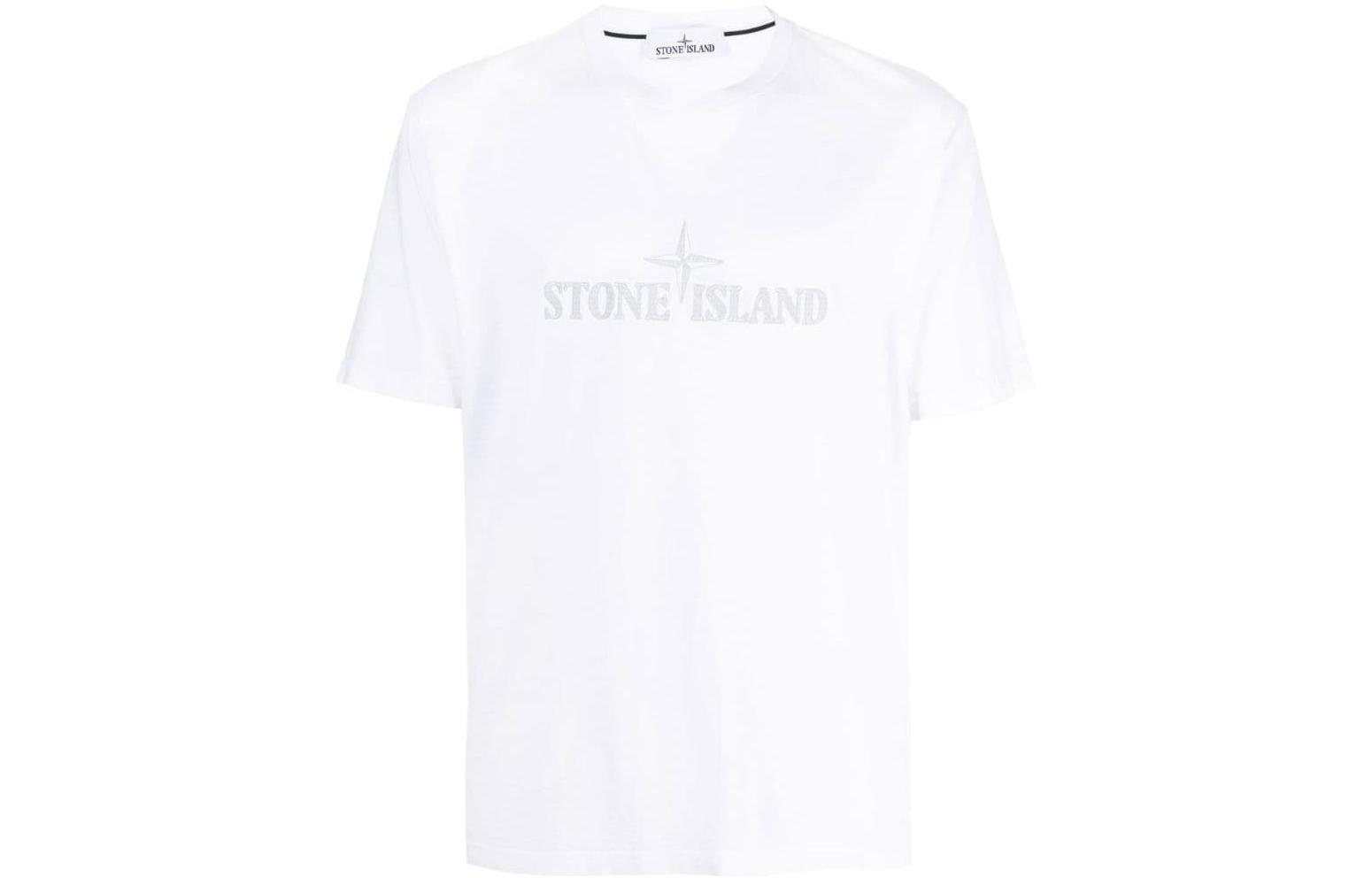 Order STONE ISLAND SS23 Kemeja-T Leher Bulat Putih dengan Cetakan Logo. 781521579-V0001