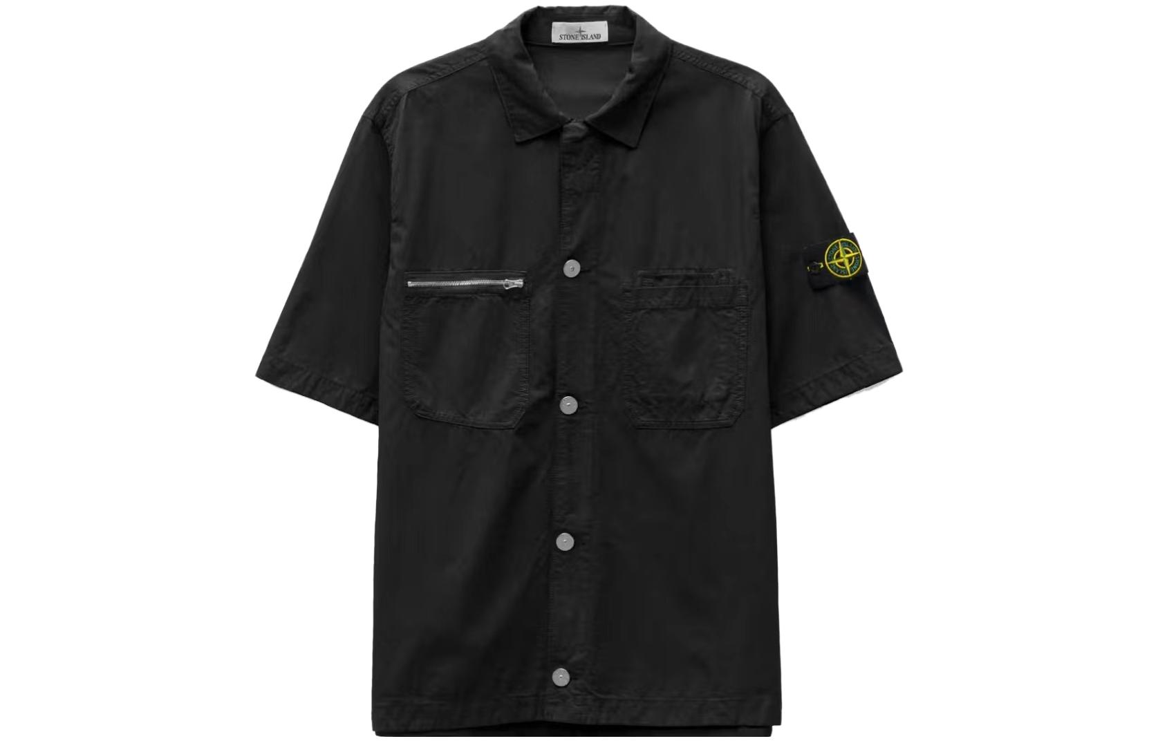 STONE ISLAND SS23 Black Short Sleeve Shirt with Logo Patch Men 781511429-V0029