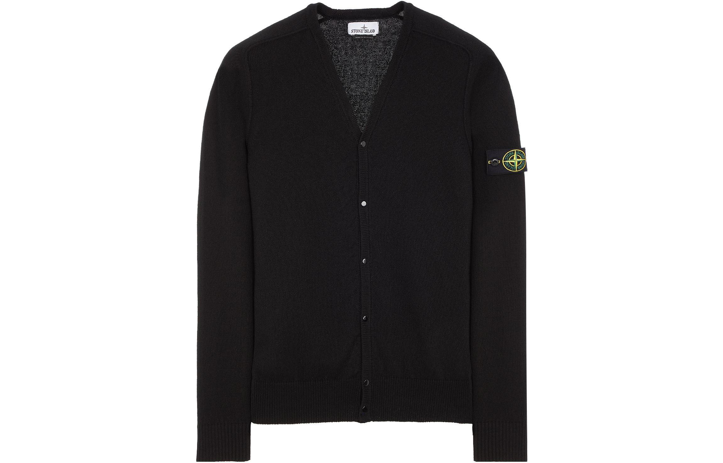 STONE ISLAND SS23 Black V-Neck Knit Sweater with Logo for Men. 7815527D3-V0029