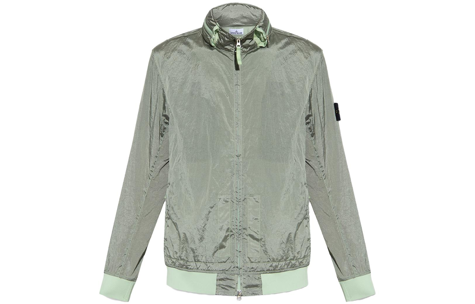 Stone Island SS23 Green Metallic Nylon Logo Long-Sleeve Zip Jacket Men’s 781541920-V0052