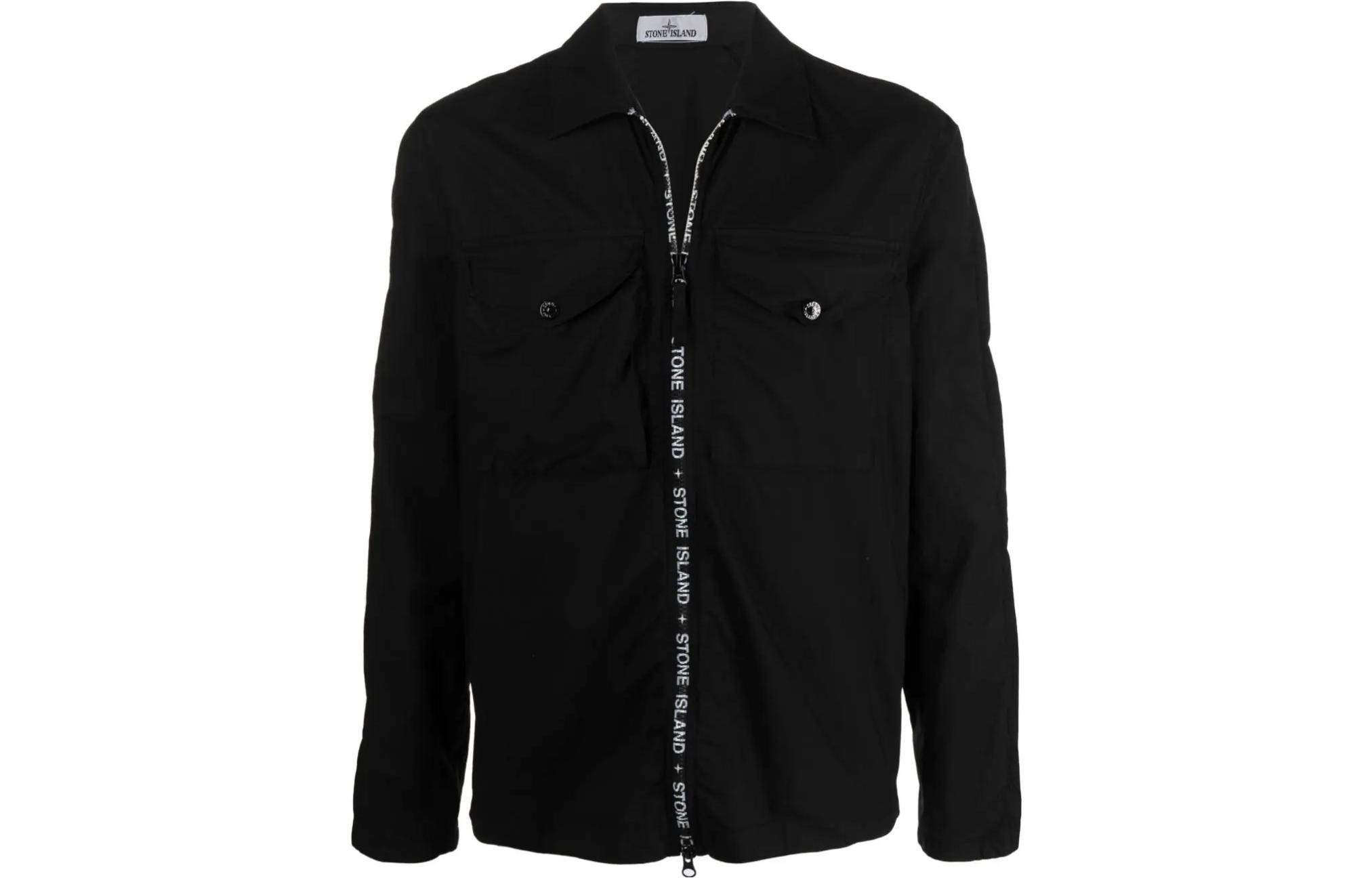 Stone Island SS23 Lightweight Zip Shirt Jacket with Lettered Collar Black Men’s 7615117E4V00291
